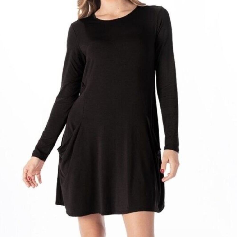 Betabrand Silk Blend Black Long Sleeve Mini Dress With Pockets Flowy Career C15
